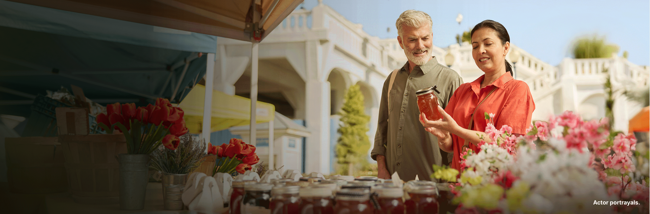 People at a farmer's market. Actor portrayals.