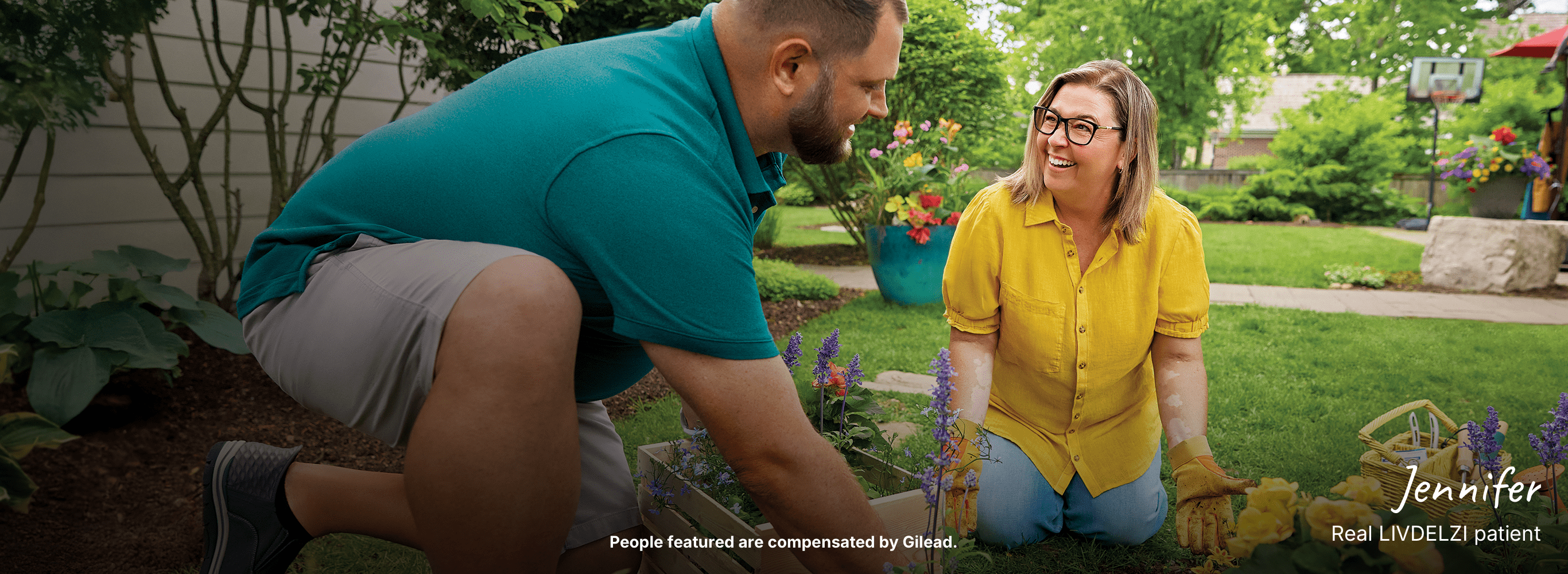 Jennifer, a woman with PBC, gardening in a yard with her husband