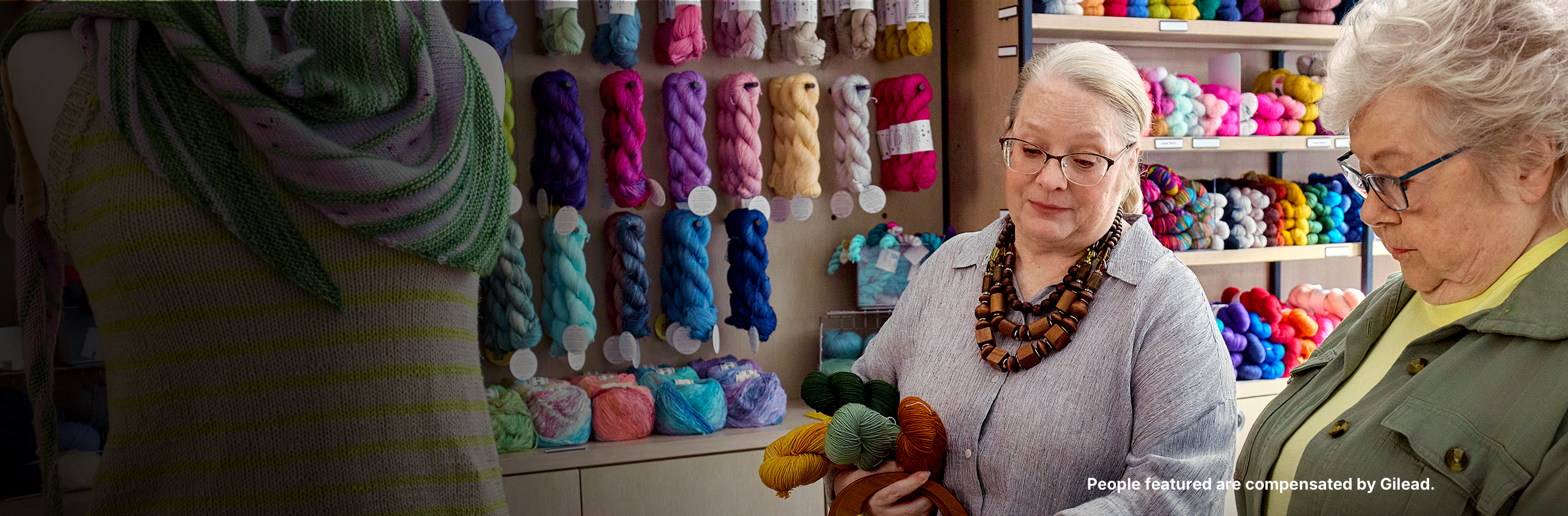 Wendy, a woman with PBC, shopping for yarn with her mother