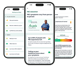 Three smartphones featuring screenshots of My Treatment Track™ app