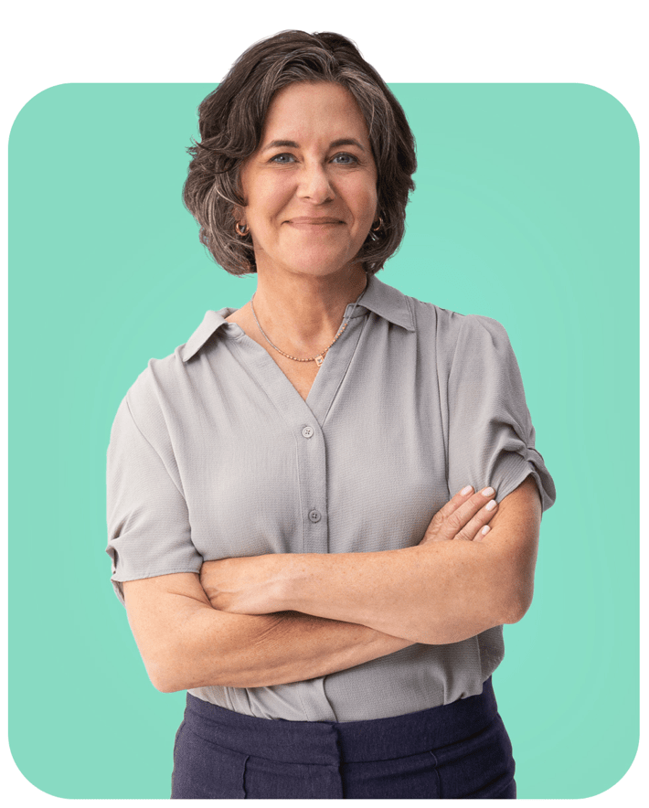 Confident woman standing with crossed arms. Actor portrayals.